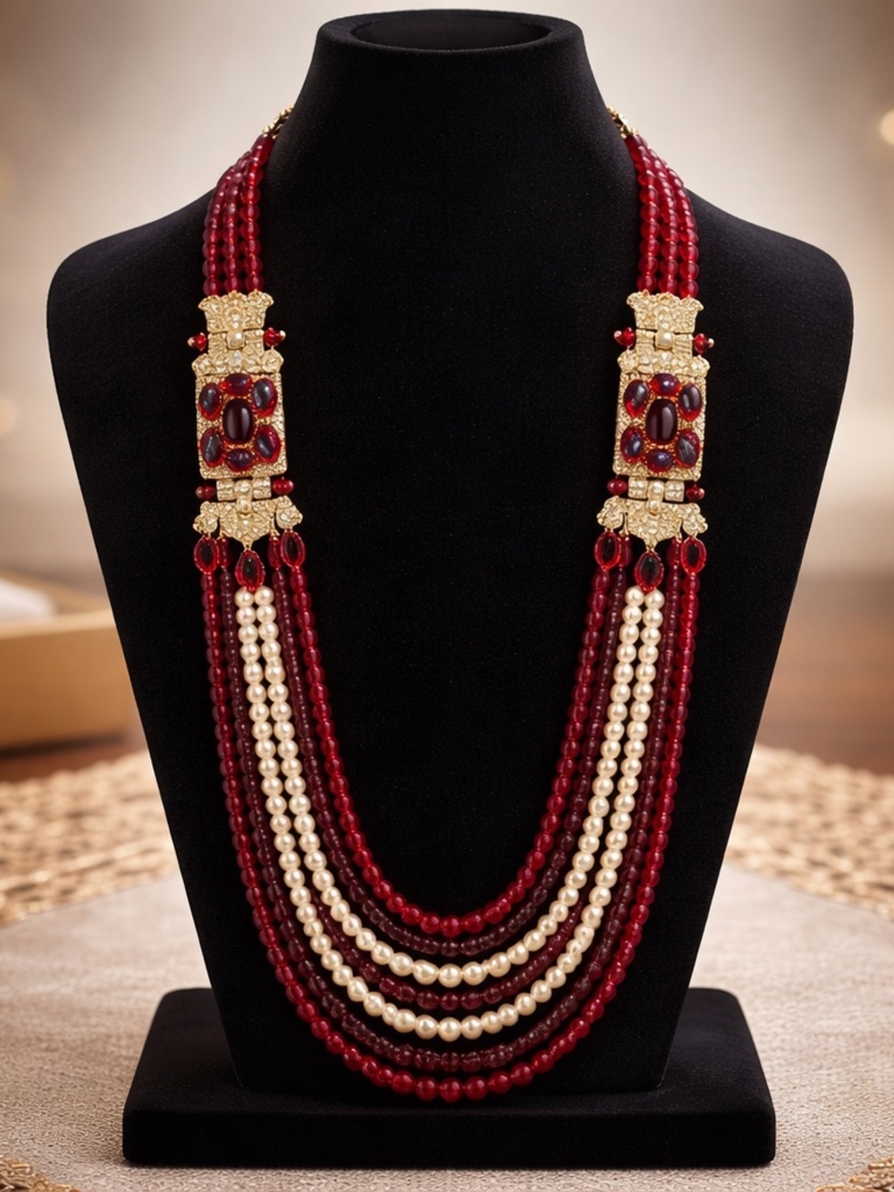 Red and Pearl Multi-Strand Glass Beaded Necklace with Gold Accents